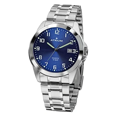 Afbeelding van ATRIUM Horloge Heren 10 bar Analoog Zilver / Donker Blauw Edelstaal Datum Quartz uurwerk Edelstalen Sluiting A16 35