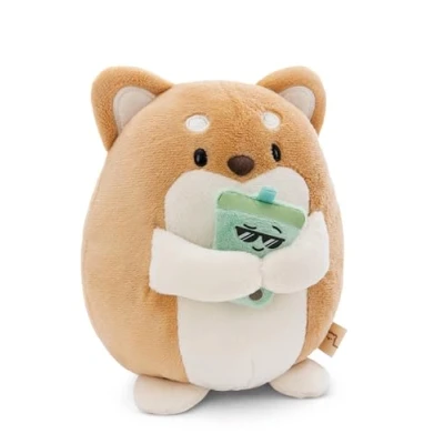 Afbeelding van Hiro pluche hond, 16 cm, met Bubble Tea in geschenkdoos 11 x 12 6,5 bruin, knuffeldier, schattig dier om te knuffelen, spelen, voor kinderen en volwassenen, een geweldig