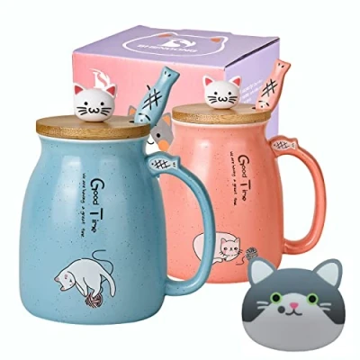 Afbeelding van SHENDONG Set van 2 schattige keramische koffiekopjes met bamboedeksel en lepel, koffiekopje, melk, theekopjes, 3D kattenmokken voor kattenliefhebbers vrouwen