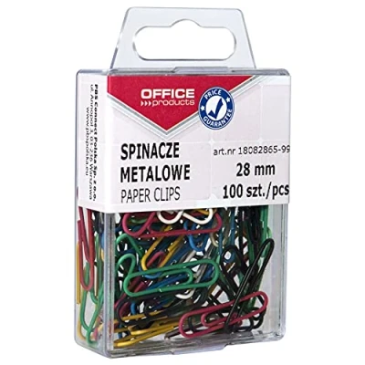 Afbeelding van OFFICE PRODUCTS 18082865 99 paperclips van gelakt metaal in praktische opbergdoos 28 mm, 100 stuks