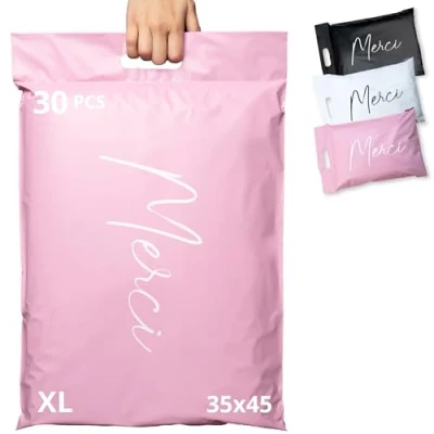 Afbeelding van 30 grote Vinted Pakketverpakking 45X35cm 100% ondoorzichtig/ultrabestendig/waterdicht Kunststof verzendenvelop XL Kleding &amp; Doos Postzakje Zak met handvat