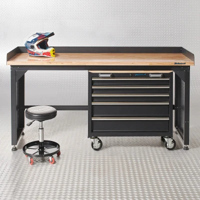 Afbeelding van Datona® Werkbank PRO bamboe werkblad gereedschapswagen 200 cm Matzwart