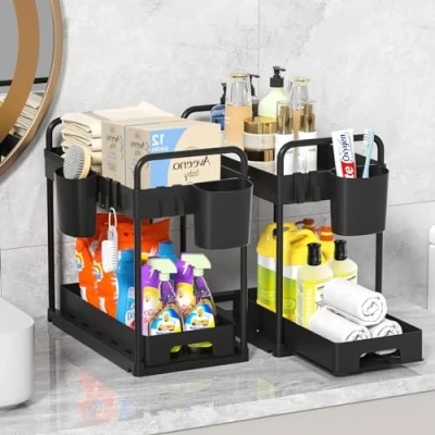 Afbeelding van MQVXT Opslag onder de gootsteen, 2 niveaus, opbergrek voor keuken, met 4 haken en hangende bekers, uittrekbare organizer lade, geschikt keuken badkamer, zwart