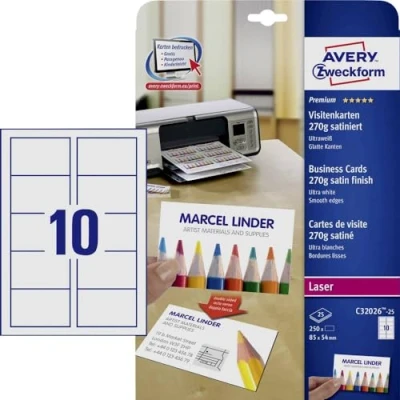 Afbeelding van Avery Zweckform C32026 25 Bedrukbare Visitekaarten Gladde Kant 85 X 54 Mm Ultra Wit 250 Stuks Papierformaat: Din A4
