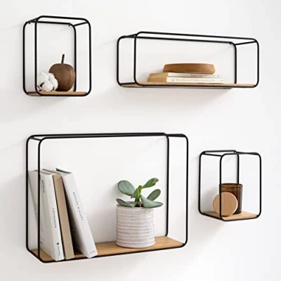 Afbeelding van Kazai. Jona Wandplanken, 4 delig rek van metaal en fineer echt hout, wanddecoratie, opslag boekenrek voor badkamer, woonkamer, keuken, slaapkamer, eiken