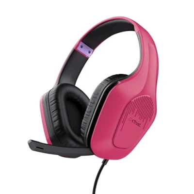 Afbeelding van Trust gaming GXT 418P Rayne hoofdtelefoon, licht, voor pc, Xbox PS4, PS5, Switch, mobiel, 50 mm drivers, 3,5 jack audio, 2 m kabel, bekabelde over ear headset met microfoon, roze