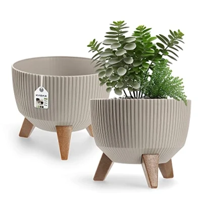 Afbeelding van KADAX Ronde bloempot van kunststof met drie steekhouders, voor balkon, woonkamer (Ø 24 cm, taupe)