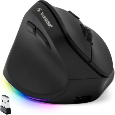 Afbeelding van Bluestork Ergonomische en verticale draadloze muis, Bluetooth of USB ontvanger, 800 2400 dpi, 6 toetsen, RGB led, preventie muissyndroom, voor linkshandigen, pc, Mac 2024