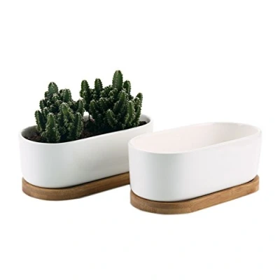 Afbeelding van T4U Set van 2 witte ovale keramische bloempotten 17 cm met bamboe dienblad