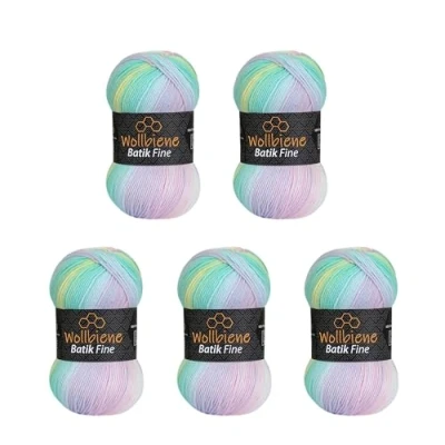Afbeelding van Wollbiene Batik Fine Wol, 5 x 100 g, 500 gram wol met kleurverloop, meerkleurig, kleur: 2010 groen roze wit pastel
