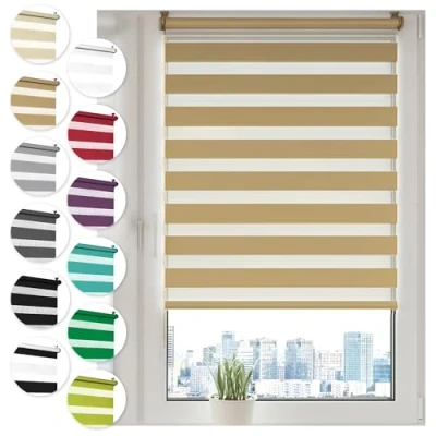 Afbeelding van Sonello Rolgordijn voor dag en nacht, Klemmfix, zonder boren, eenvoudig te installeren met clips raam of deur, zonwering, zebrarolgordijn van dubbele stof, beige, 90 cm x 210