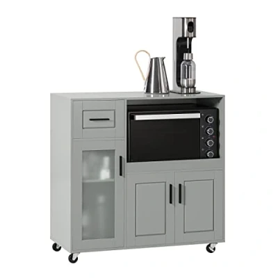 Afbeelding van SoBuy Magnetronkast, dressoir, commode op wielen, multifunctionele kast met 3 deuren, 1 lade, vak, voor keuken, eetkamer, woonkamer, 89 x 40 cm, grijs, FSB78 HG