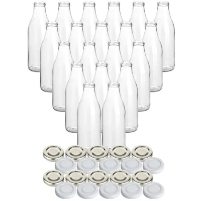 Afbeelding van gouveo Set van 20 glazen flessen 1000 ml &quot;sap&quot; met schroefdeksel in zilver en wit grote 1,0 liter sapfles TO48 sluiting lege fles ideaal voor sap melk
