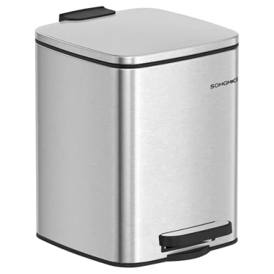 Afbeelding van SONGMICS Afvalemmer voor badkamer, pedaalemmer met deksel, 6 l, kleine ruimtes, zachte sluiting, van staal, metallic zilver LTB590E02