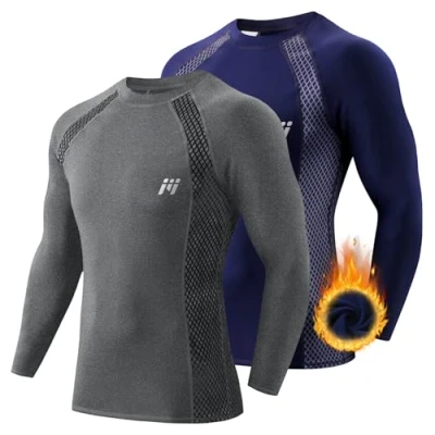 Afbeelding van MEETWEE Compressieshirt voor heren, lange mouwen, ademend, hardlopen, joggen, gym, Grijs + Blauw