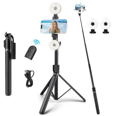 Afbeelding van Selfiestick, 180 cm, opvouwbaar en 360 graden draaibaar, 2 afneembare dimbare vullampen, compatibel met iPhone, Samsung Android