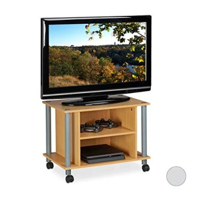 Afbeelding van Relaxdays tv kast verrijdbaar meubel 4 wielen 2 vakken televisietafel houtlook