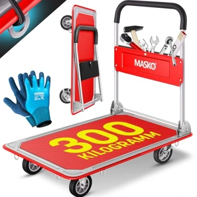 Afbeelding van MASKO® Opvouwbare transportwagen met werkhandschoenen, parkeerrem, transporthulp, 6 veiligheidsogen, 360 draaibare wielen, vouwwagen (rood, 300 kg)