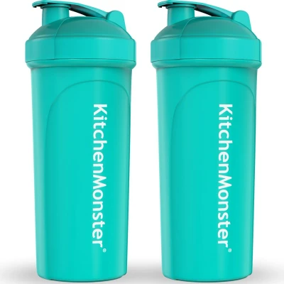 Afbeelding van KitchenMonster® Shakebeker Bidon 700 ml Set van 2 stuks Shaker inclusief Mixfilter Proteïne Blauw