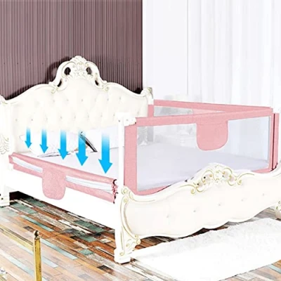 Afbeelding van Bedhekje met zakken, veiligheidsbarrière voor kinderbed, peuterbed, ter bescherming tegen vallen bij peuters, baby&#039;s en kinderen, 1,8 m, roze