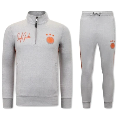 Afbeelding van Heren Joggingspak Half Zipper, Double Ribbon Grijs Oranje Maat XXL
