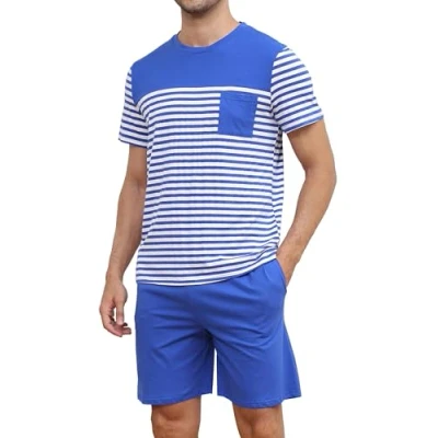 Afbeelding van Reliwel Korte pyjama voor heren, tweedelig, katoen, zomerset, shorts, ronde hals, pyjamabroek met zak, zacht, thuis, Blauw