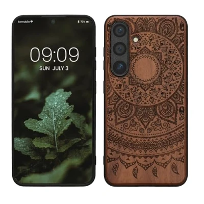 Afbeelding van kwmobile telefoonhoesje geschikt voorSamsung Galaxy S24 Hoesje met bumper hout In donkerbruin Indian Sun design