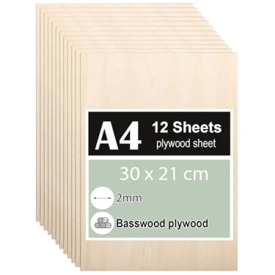 Afbeelding van 12 stuks multiplexplaten 2 mm DIN A4 30 x 21 cm, lindemultiplex, dun gesneden, voor houtbewerking, laserwerk, brandschilderen, modelbouw, decoratie,