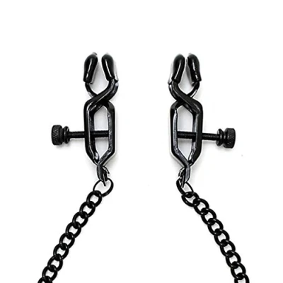 Afbeelding van Rimba Bondage Play Verstelbare Tepelklemmen in cijfer 8 vorm met aandraaischroef en ketting zwart