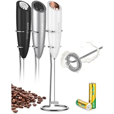 Afbeelding van SIMPLETASTE Draagbare elektrische melkopschuimer op batterijen met roestvrijstalen garde en houder voor cappuccino, kogelvrije koffie, latte