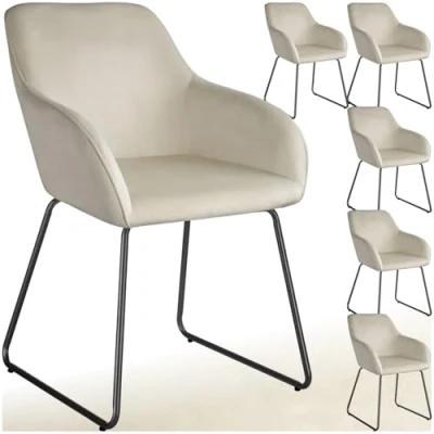 Afbeelding van tectake® Eetkamerstoel Jeane Set van 6 Eetkamerstoelen met doorlopende rugleuning en armleuning Kuipstoelen fluwelen bekleding Stijlvolle keukenstoelen voor eetkamer of woonkamer Slipvrije vloerbeschermende voetjes Crème/zwart