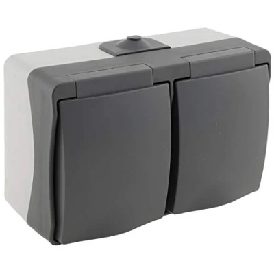 Afbeelding van Dubbel opbouwstopcontact voor vochtige ruimtes met beschermklep, IP54, 250 V, horizontaal buitenstopcontact, grijs