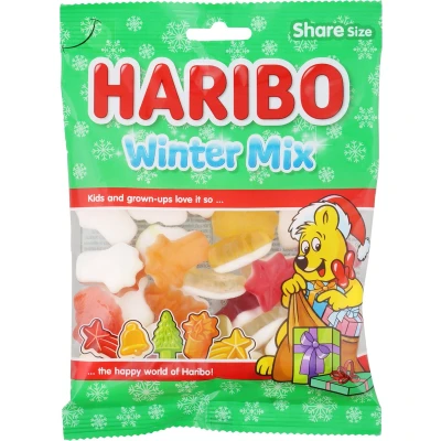 Afbeelding van Haribo Winter mix 175 gr mini zakjes Uitdeel snoep Zoet Zuur Uitdeelzakjes Traktatie Sint Maarten kerst klokken Sinterklaas en cadeau