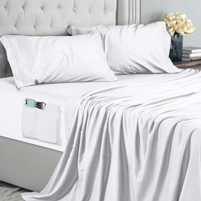 Afbeelding van Utopia Bedding geborduurd beddengoed, 4 delig (180 x 200 cm, wit) beddengoed voor tweepersoonsbed, polyester microvezel, hoeslaken met opbergzakken, laken en 2 kussenslopen,