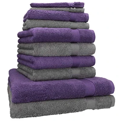 Afbeelding van 10 delige badstof handdoekenset 2x douchehanddoeken 4x handdoeken gastendoekjes washandjes kleur paars &amp; antraciet