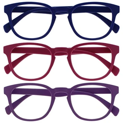 Afbeelding van OPULIZE Pop Pack van 3 Retro Glad Blauw Mat Roze Paars Mannen Vrouwen Leesbril Lente Scharnieren RRR2 345 +3,00