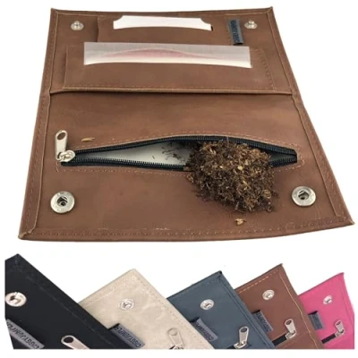 Afbeelding van Ciggy Jumper Tabakszak Roltabakszakken van zacht leer met praktische vakken voor: filters, vloeipapier en lichter 3.) Cognac lang
