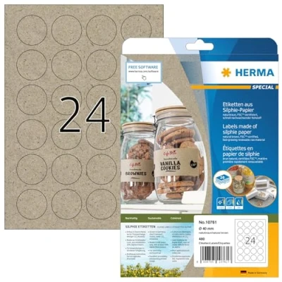 Afbeelding van HERMA 10761 480 stuks universele etiketten rond graspapier Ø 40 mm, 24 per A4 vel, stuks, zelfklevend, mat, blanco Silphie papier, natuurbruin,