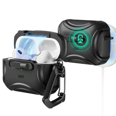 Afbeelding van ESR Hoesje voor AirPods Pro 2, hoes compatibel met 2/1 Gen (2023/2022/2019), MagSafe geactiveerd (USB C/Lightning kabel), magneetsluiting, valbescherming koord, zwart