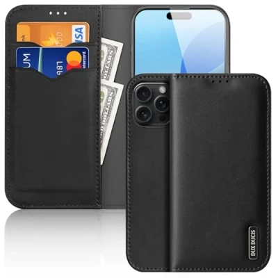 Afbeelding van Dux Ducis Hivo Hoesje Geschikt voor Apple iPhone 16 Pro RFID Book Case Ruimte Pasjes en Briefgeld Standaard Zwart
