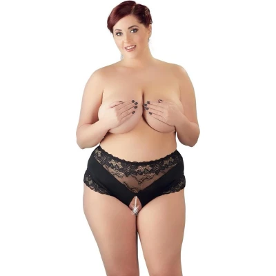 Afbeelding van Cottelli Plus Size Open Kruis Slip met Kant en Parelketting Stimulerend Sierlijk voor de Hete Avonden Maat 4XL Zwart