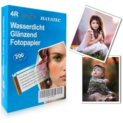 Afbeelding van HAYATEC 100 vellen glanzend fotopapier, 10 x 15 cm, voor inkjetprinters, 200 g/m², fotokaarten, sneldrogend, waterdicht, wit