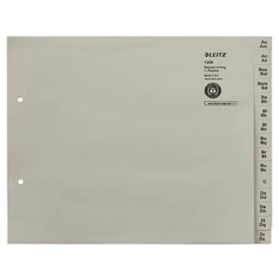 Afbeelding van Leitz register met en alfabetiek, A Z voor 6 mappen, halve hoogte breedte, gerecycled papier, 13060085