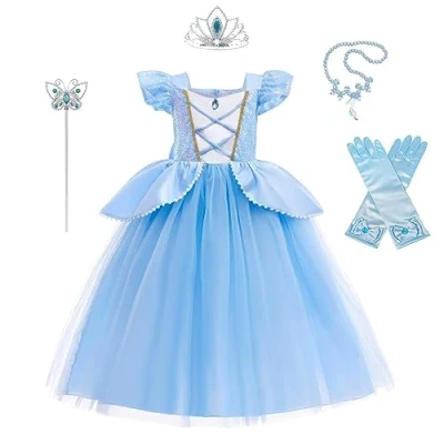 Afbeelding van Lito Angels Verkleedkostuum prinsessenjurk Assepoester met kroon en accessoires voor kinderen, meisjes, maat 5 6 jaar, blauw (etiket van stof 130)