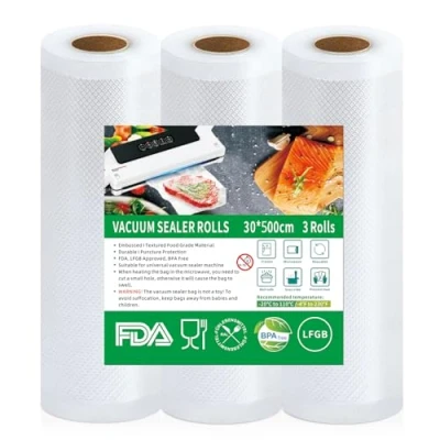 Afbeelding van Votoko 3 rollen vacuümverpakkingsfolie, 30 x 500 cm, BPA vrij, scheurvast, 150 µm, voor alle vacuümmachines, magnetron, diepvrieszakken