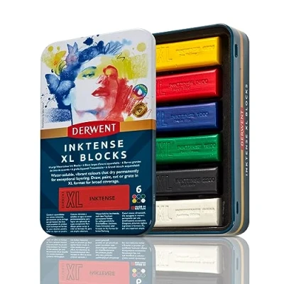 Afbeelding van Derwent Inktense 2306161 XL blokken, 6 x 60 mm, extra groot, wateroplosbaar, ideaal voor schetsen, tekenen en maken van expressieve merken, professionele kwaliteit