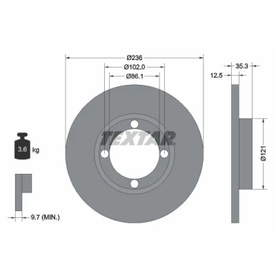 Afbeelding van TEXTAR PRO 92100303 Remschijf 236 12,5 04/04 102 volledig Gecoat Zonder wielbevestigingsbout, wielnaaf CHEVROLET: Matiz