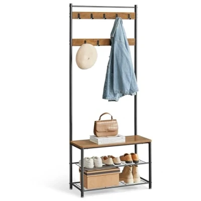 Afbeelding van VASAGLE HSR041B41 Garderobe met bank en schoenenrek, haken, metalen frame, hoogte 175 cm, industriële stijl, notenbruin zwart