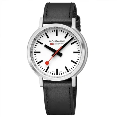 Afbeelding van Mondaine MST.4101B.LBV Stop2go Horloge Stationsklok Saffierglas Staal/Kunstleer Zilver/Zwart 41 mm breed Quartz Gesp 3 ATM (spatwater)
