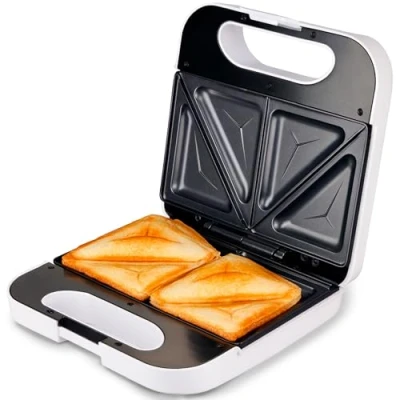 Afbeelding van Grunkel Sandwichmaker met grill voor 2 sandwiches snede. Antislip en anti aanbakoppervlak 750 W vermogen koel gevoel (witte vierkante snede)